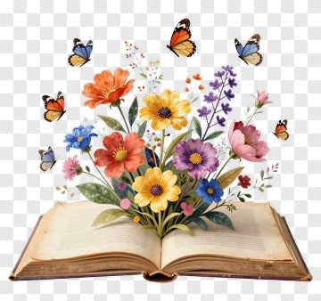 Open Book With Colorful Flowers And Butterflies PNG
