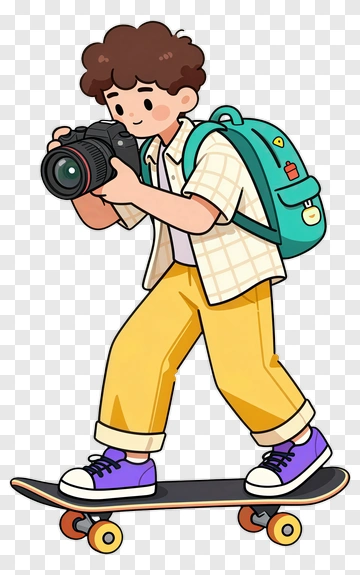 Cartoon Boy Riding A Skateboard With A Camera PNG