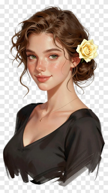 Young Woman With Curly Hair And Yellow Rose PNG