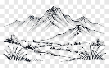 Black And White Mountain Landscape With River PNG