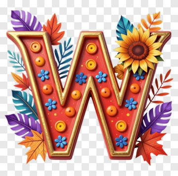 Colorful Letter W Decorated With Flowers And Leaves PNG