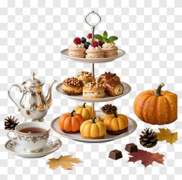 Autumn Dessert Stand With Pumpkin And Tea PNG