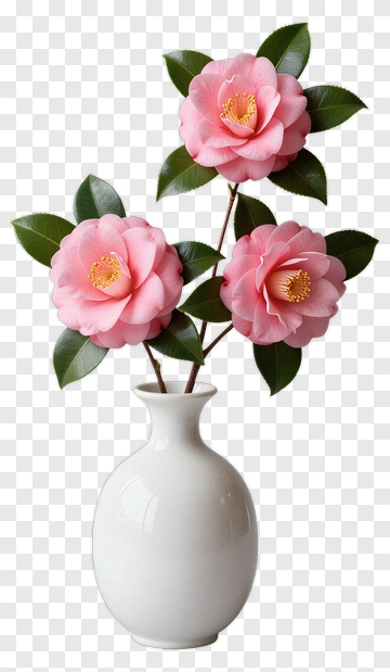 Pink Camellia Flowers In A White Vase PNG