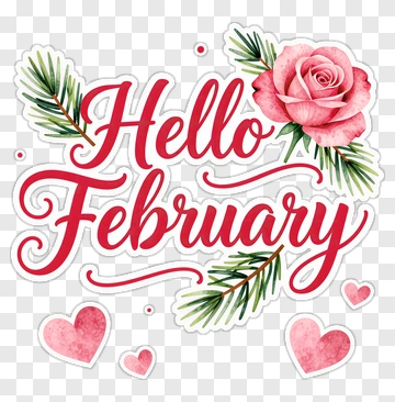 Hello February With Pink Rose And Hearts PNG