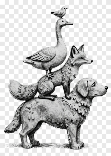 Stack Of Animals Featuring A Dog, Fox, And Bird PNG