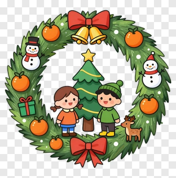 Cartoon Children With Christmas Wreath PNG
