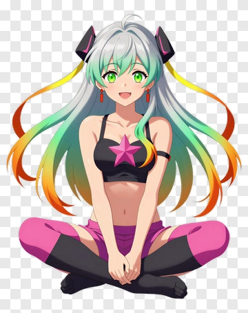 Anime Girl Sitting With Colorful Hair PNG