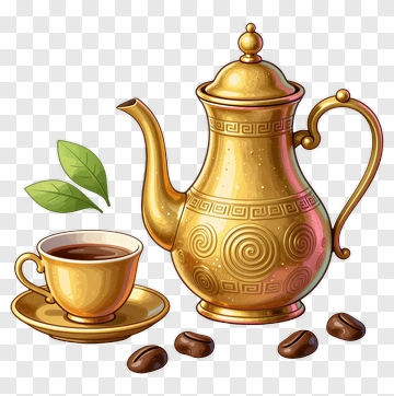 Golden Teapot With Tea Cup And Coffee Beans PNG