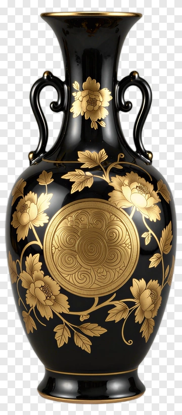 Black Vase With Gold Floral Design PNG
