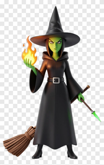 Cartoon Witch Holding A Broom And Flame PNG
