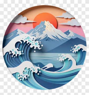 Paper Cut Landscape With Waves And Mountains PNG