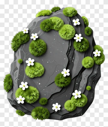 Rock Covered With Green Moss And White Flowers PNG