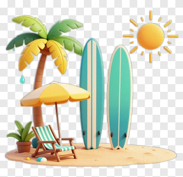 Cartoon Beach Scene With Palm Tree And Surfboards PNG