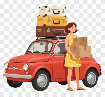 Woman Carrying Boxes Beside A Red Car With Luggage PNG