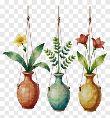 Hanging Flower Pots With Colorful Plants PNG