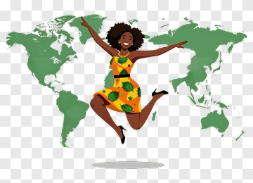 Woman Jumping In A Colorful Dress With A World Map Background PNG