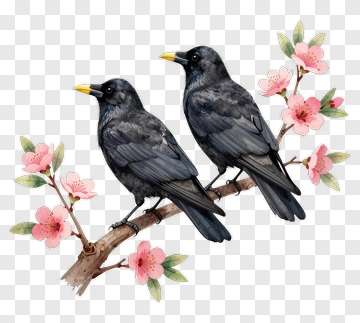Two Black Birds Sitting On A Branch With Pink Flowers PNG