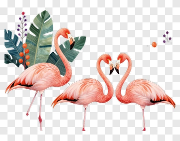 Group Of Flamingos With Tropical Leaves PNG