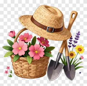 Gardening Tools And Flower Basket PNG