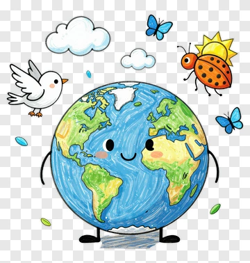 Cartoon Earth Character Surrounded By Nature Elements PNG