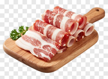 Sliced Pork Belly On A Wooden Cutting Board PNG