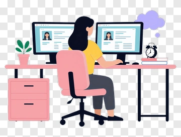 Woman Working At A Desk With Two Monitors PNG