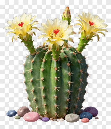 Cactus With Yellow Flowers And Colorful Stones PNG