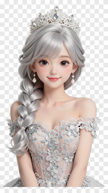 3D Princess With Silver Hair And Crown PNG