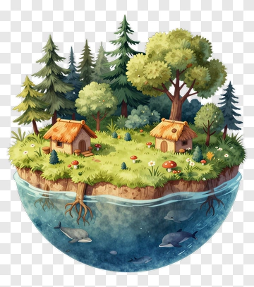 Whimsical Island With Trees And Houses PNG