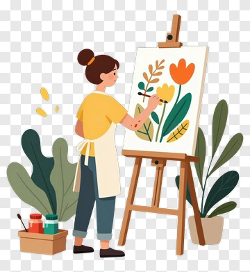 Woman Painting Flowers On Canvas PNG