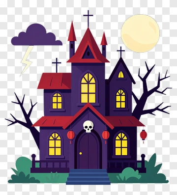 Cartoon Haunted House With Skull And Lightning PNG