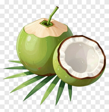 Coconut With Open Shell And Green Leaves PNG