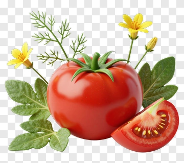 Fresh Tomato With Leaves And Flowers PNG