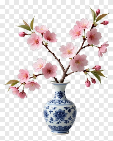 Cherry Blossom Branch In A Blue And White Vase PNG