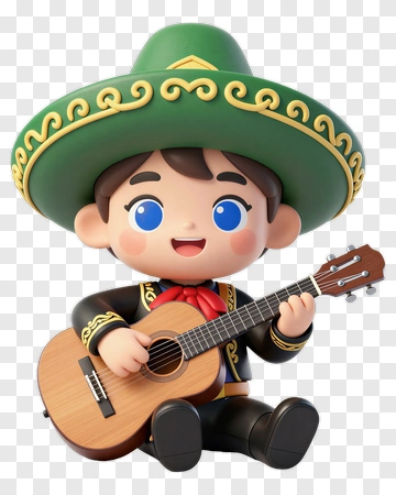 Cartoon Child Playing Guitar In Sombrero PNG