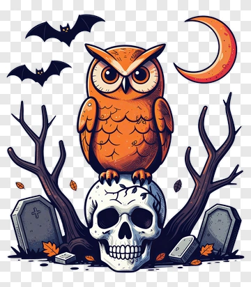 Cartoon Owl Sitting On A Skull With Halloween Elements PNG