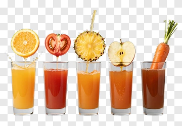 Colorful Juice Glasses With Fruit And Vegetable Toppers PNG