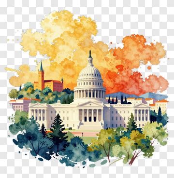 Watercolor Capitol Building With Colorful Clouds PNG