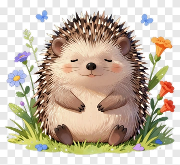 Cartoon Hedgehog Sitting In A Flower Garden PNG