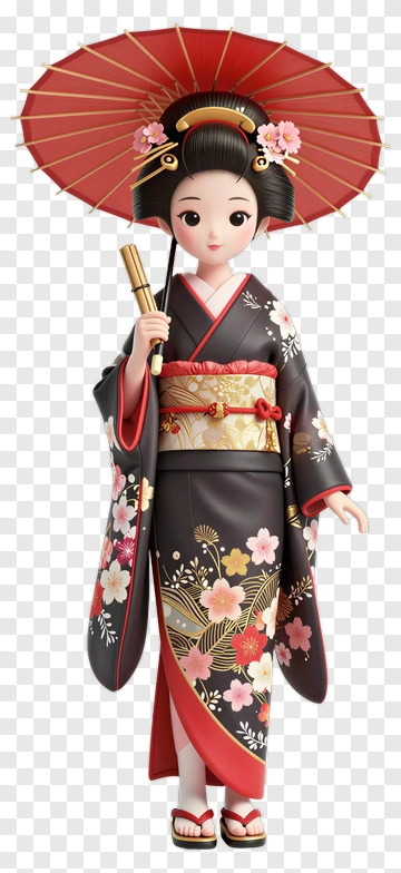 3D Girl In Kimono Holding A Red Parasol PNG