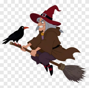Cartoon Witch Riding A Broomstick With A Crow PNG
