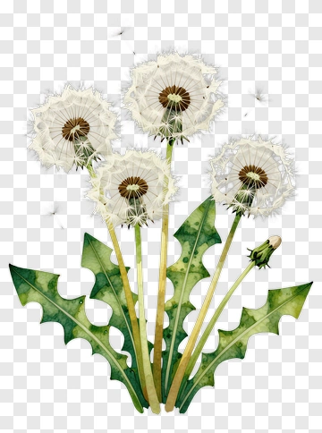 Dandelion Flowers With Green Leaves PNG
