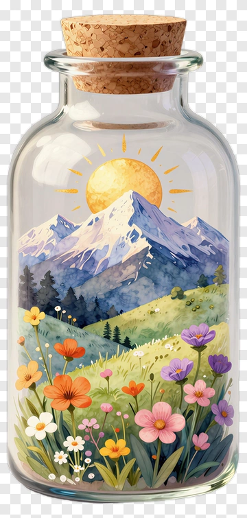 Glass Bottle Containing A Mountain Landscape PNG