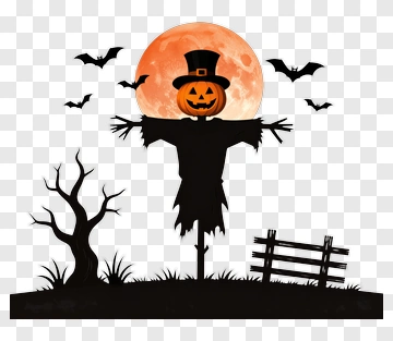 Halloween Scarecrow With Pumpkin Head And Full Moon PNG
