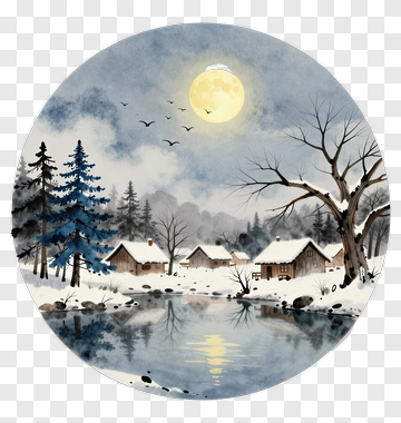 Winter Landscape With Houses And Moonlight Reflection PNG