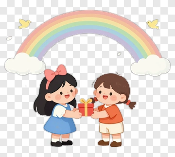 Happy Children Exchanging Gifts Under A Rainbow PNG
