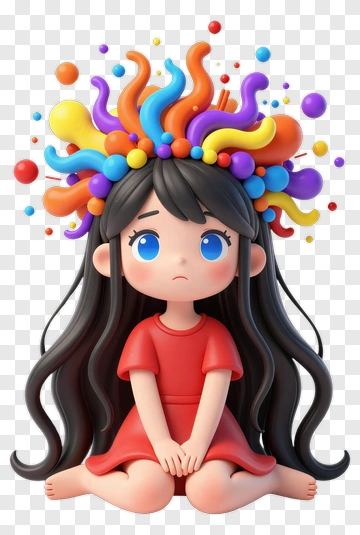 Cartoon Girl With Colorful Hair Accessories PNG
