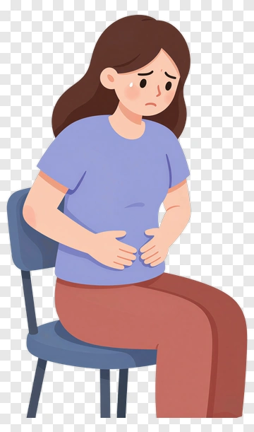 Sad Woman Sitting On A Chair Holding Her Stomach PNG