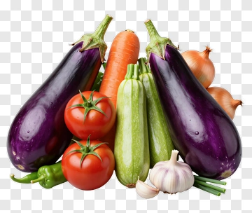 Fresh Vegetables Including Eggplant, Tomatoes, And Carrots PNG