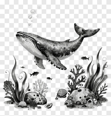 Whale Swimming Among Coral And Shells PNG